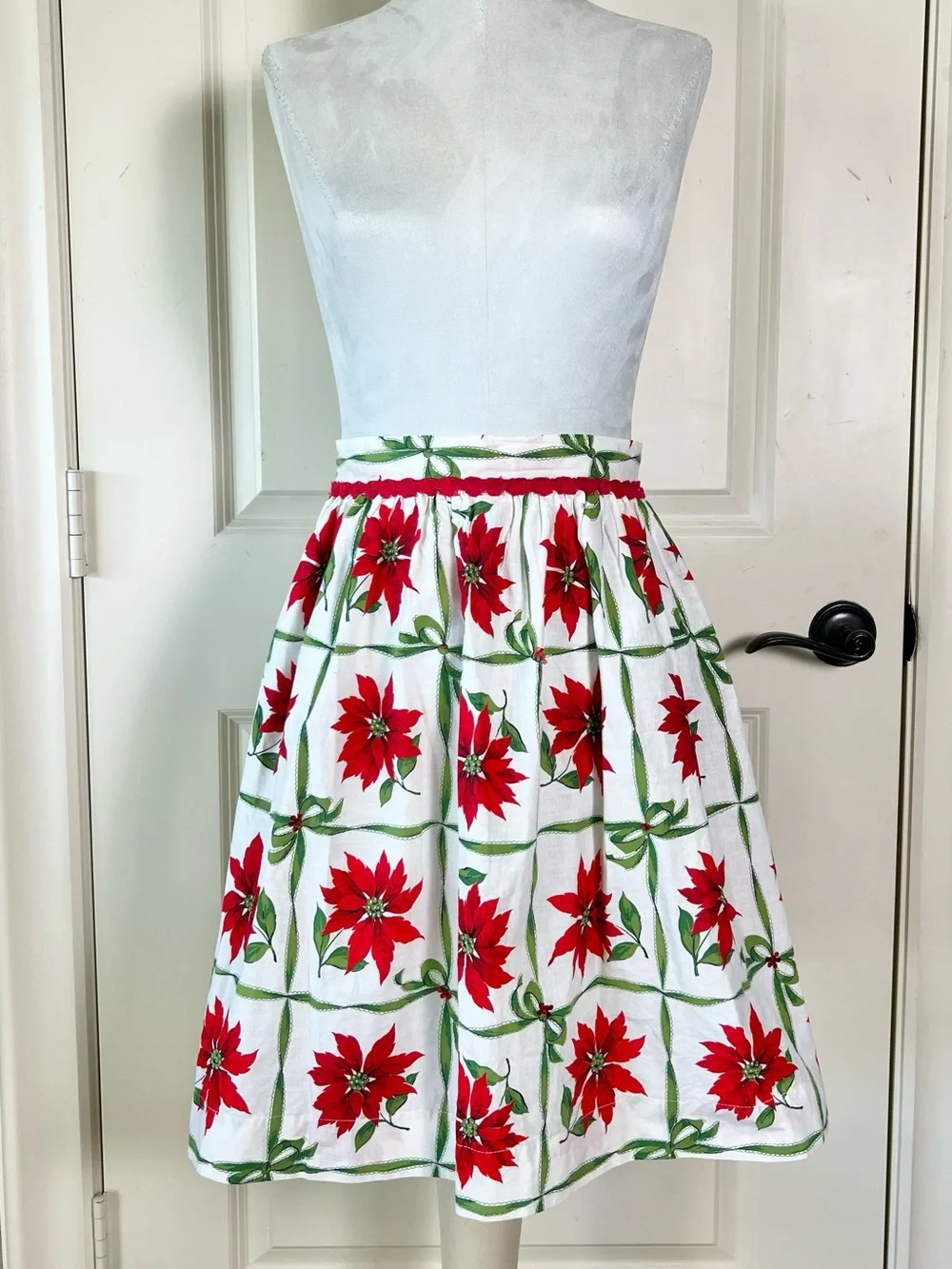 Vintage MCM Christmas Half Apron Red Poinsettia Kitschy Holiday Retro